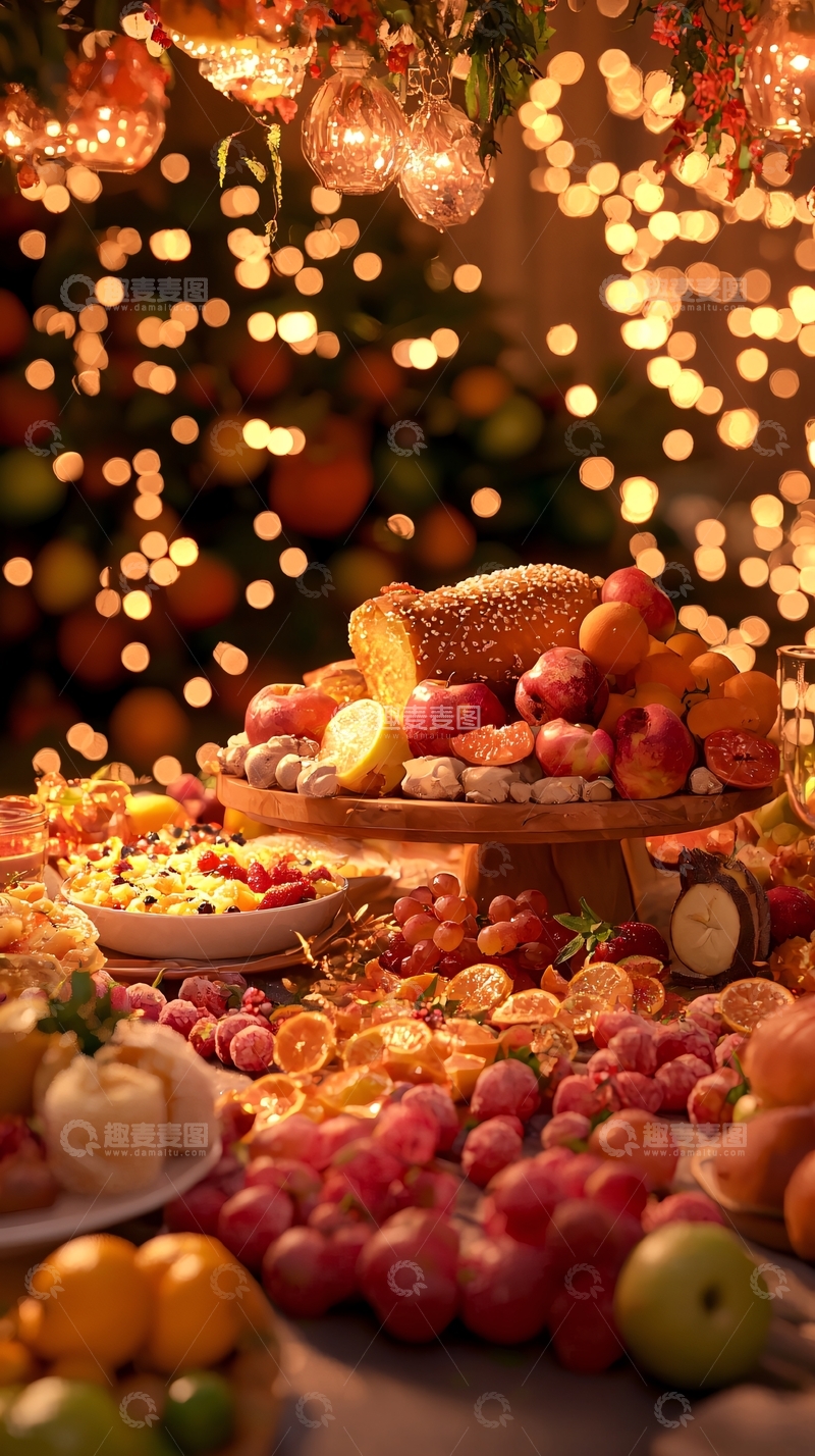高清大图下载【趣麦麦图】温暖灯光下的圣诞水果盛宴