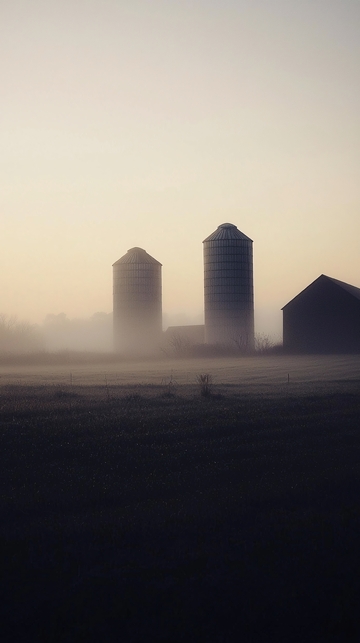 清晨薄雾笼罩下的粮仓