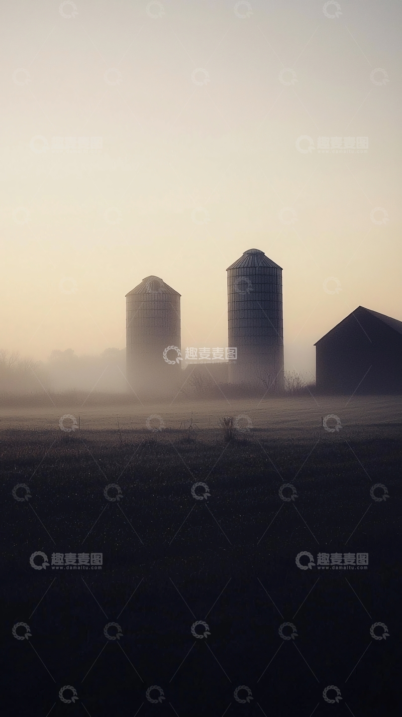 高清大图下载【趣麦麦图】清晨薄雾笼罩下的粮仓