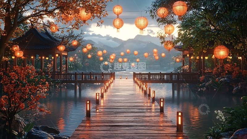 高清大图下载【趣麦麦图】浪漫水上灯笼夜景