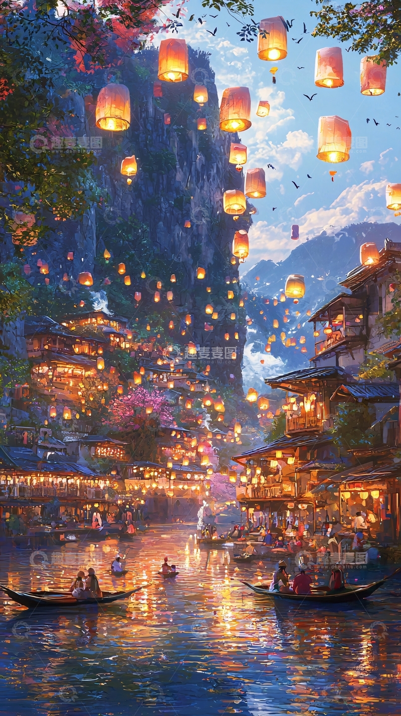 高清大图下载【趣麦麦图】梦幻山水小镇夜景