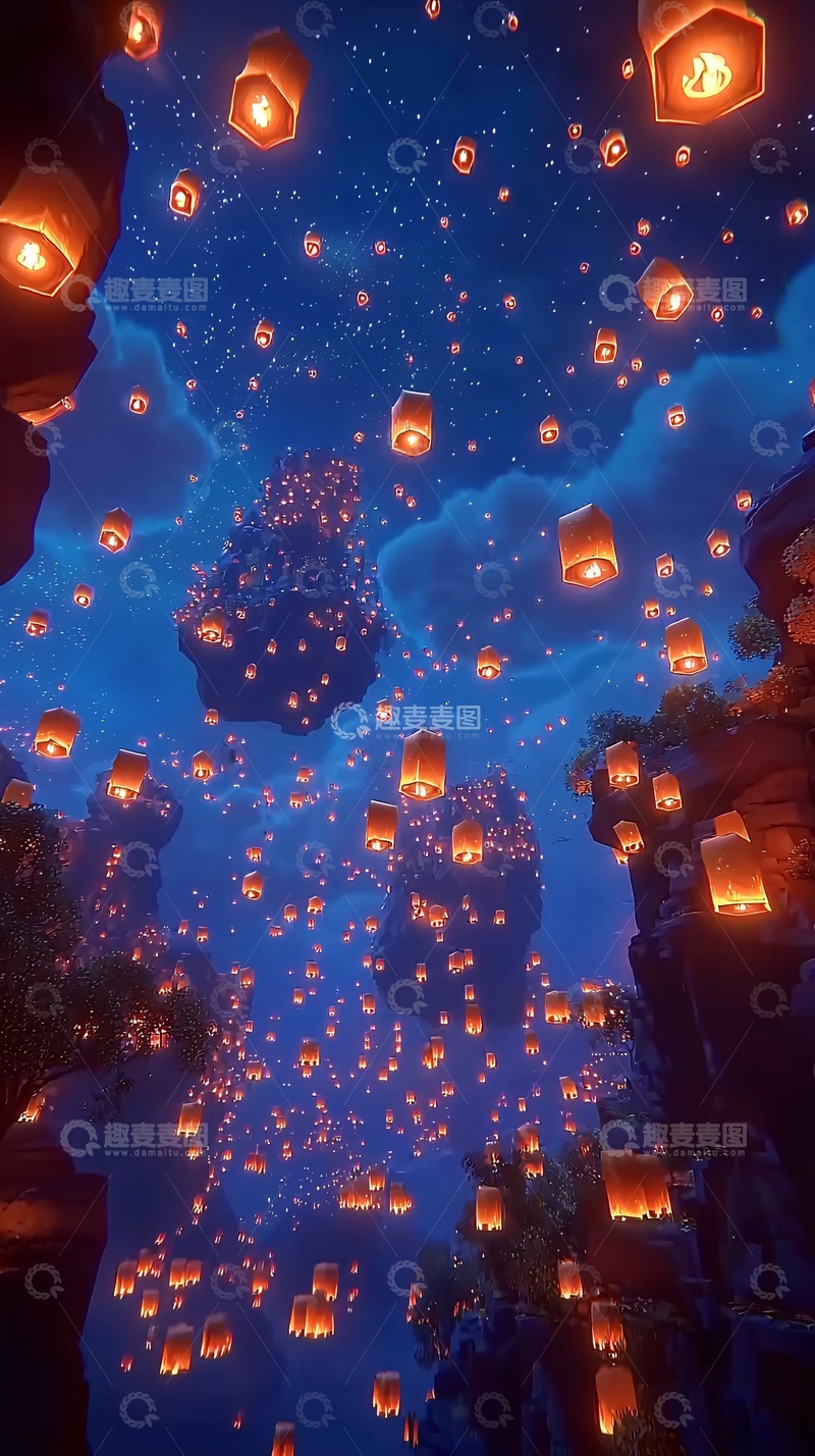 高清大图下载【趣麦麦图】夜空中飞舞的许愿灯笼