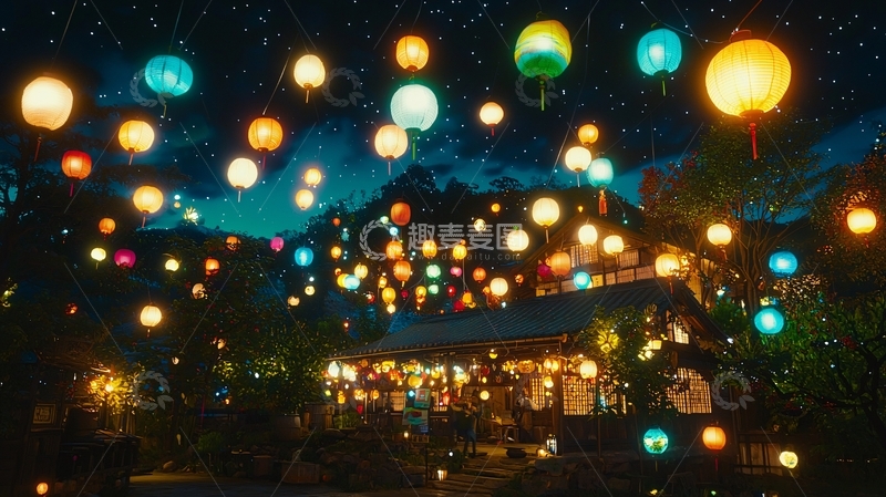 高清大图下载【趣麦麦图】夜空下五彩斑斓的气球灯