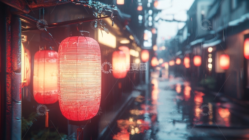 高清大图下载【趣麦麦图】雨夜古镇红灯笼