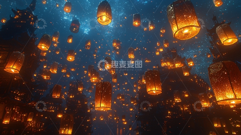 高清大图下载【趣麦麦图】夜空中飞舞的许愿灯笼