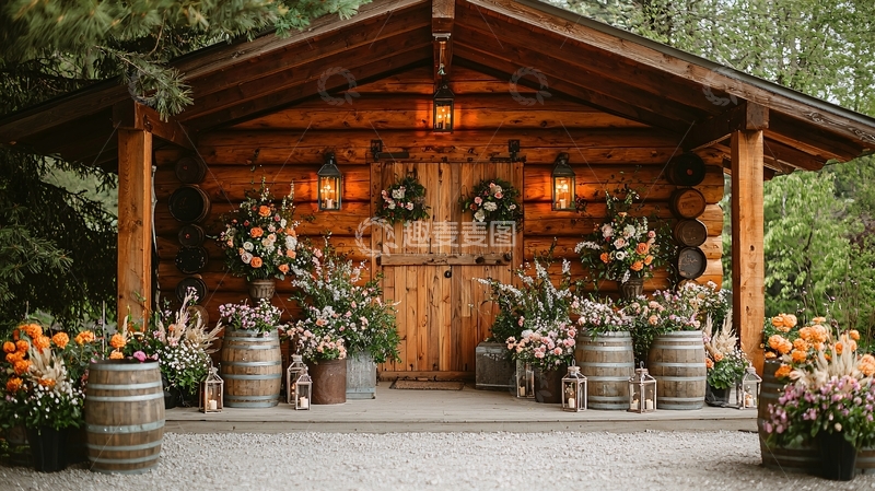 高清大图下载【趣麦麦图】木屋装饰鲜花绿植