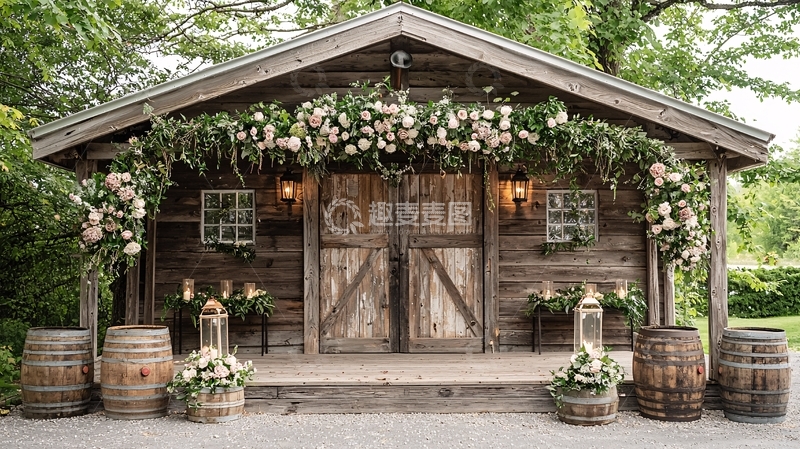 高清大图下载【趣麦麦图】木质小屋鲜花装饰