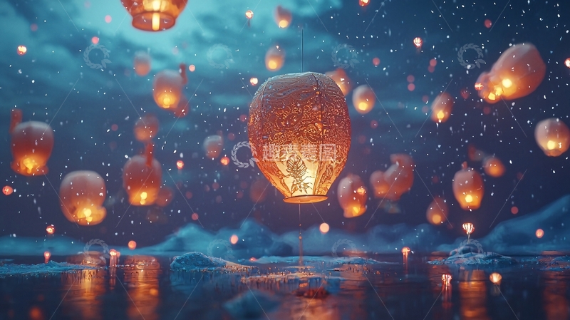 高清大图下载【趣麦麦图】梦幻般的天灯雪夜