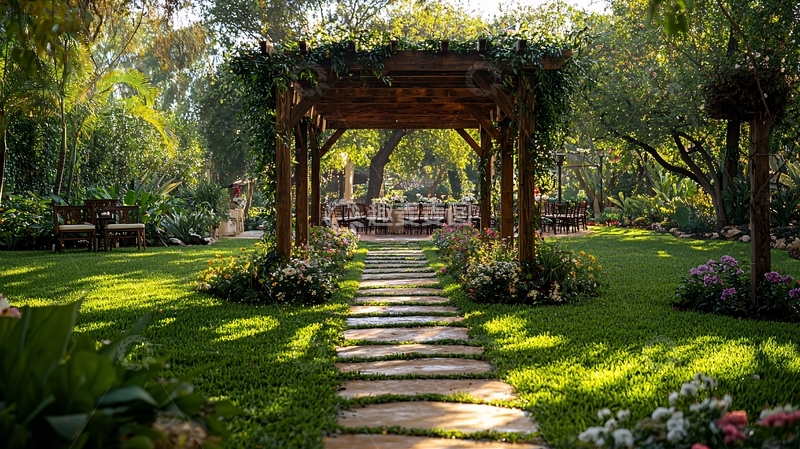 高清大图下载【趣麦麦图】花园里的木制凉亭小路