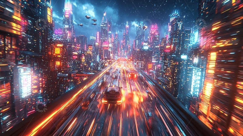 高清大图下载【趣麦麦图】霓虹灯闪烁的未来城市夜景