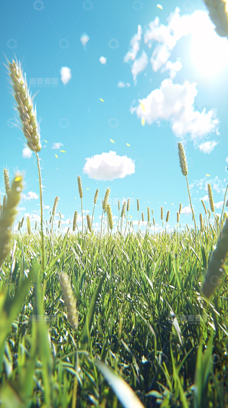 高清大图下载【趣麦麦图】阳光明媚的麦田低角度