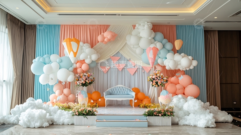 高清大图下载【趣麦麦图】梦幻粉色蓝色气球装饰背景
