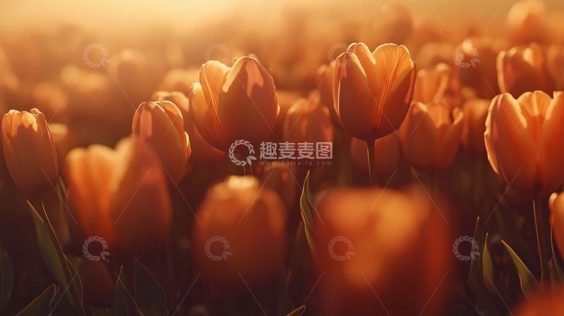 高清大图下载【趣麦麦图】日出时分的橙色郁金香花田