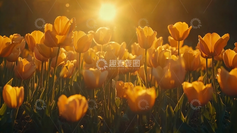 高清大图下载【趣麦麦图】夕阳下金黄郁金香花田