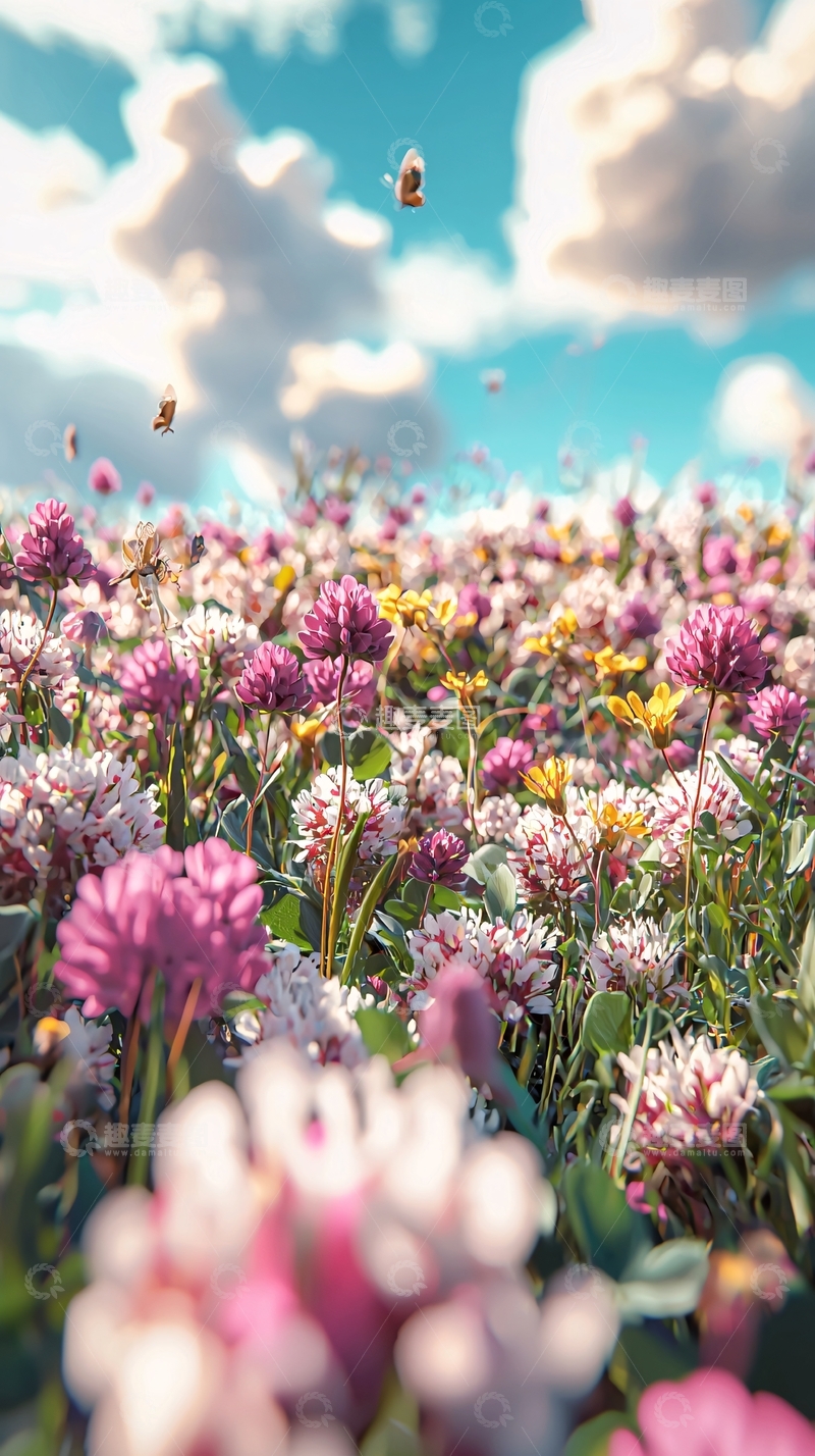 高清大图下载【趣麦麦图】阳光下盛开的鲜花与蜜蜂