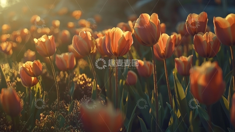 高清大图下载【趣麦麦图】夕阳下橙色郁金香花田