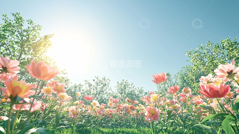 高清大图下载【趣麦麦图】阳光明媚的粉色花田
