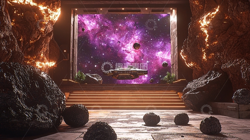 高清大图下载【趣麦麦图】宇宙飞船停靠在岩石平台