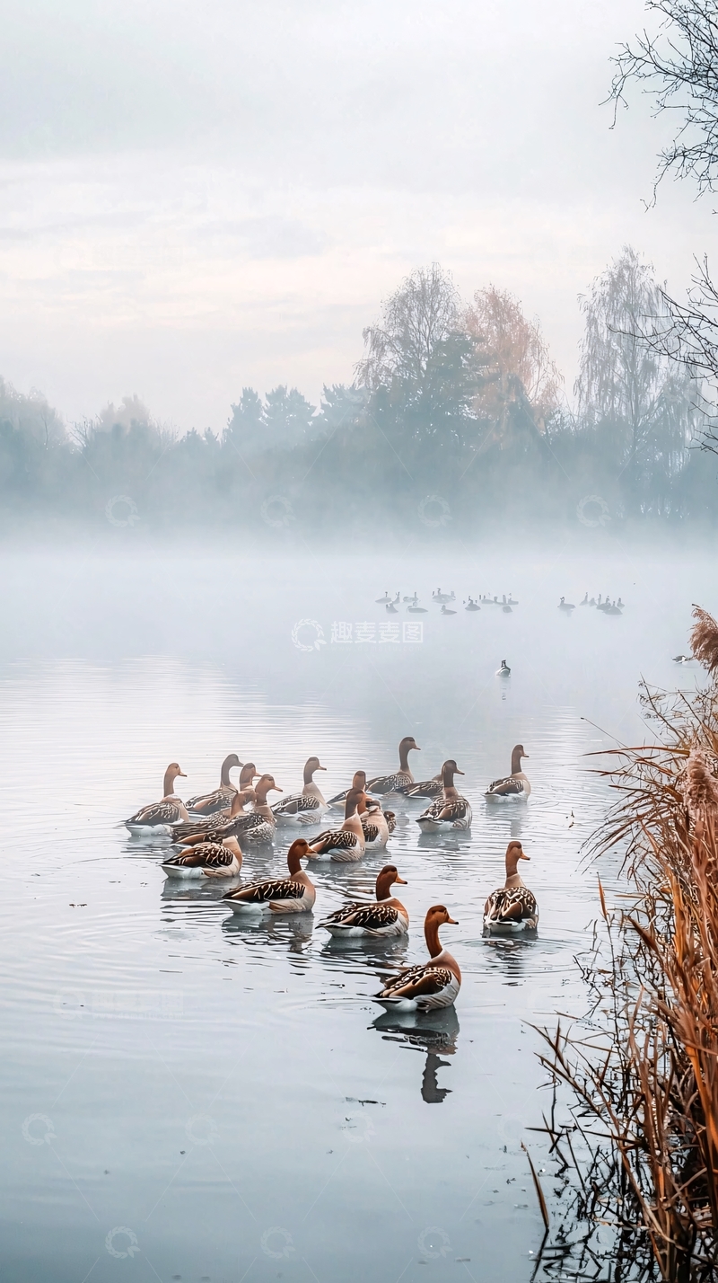 高清大图下载【趣麦麦图】雾中雁群湖面