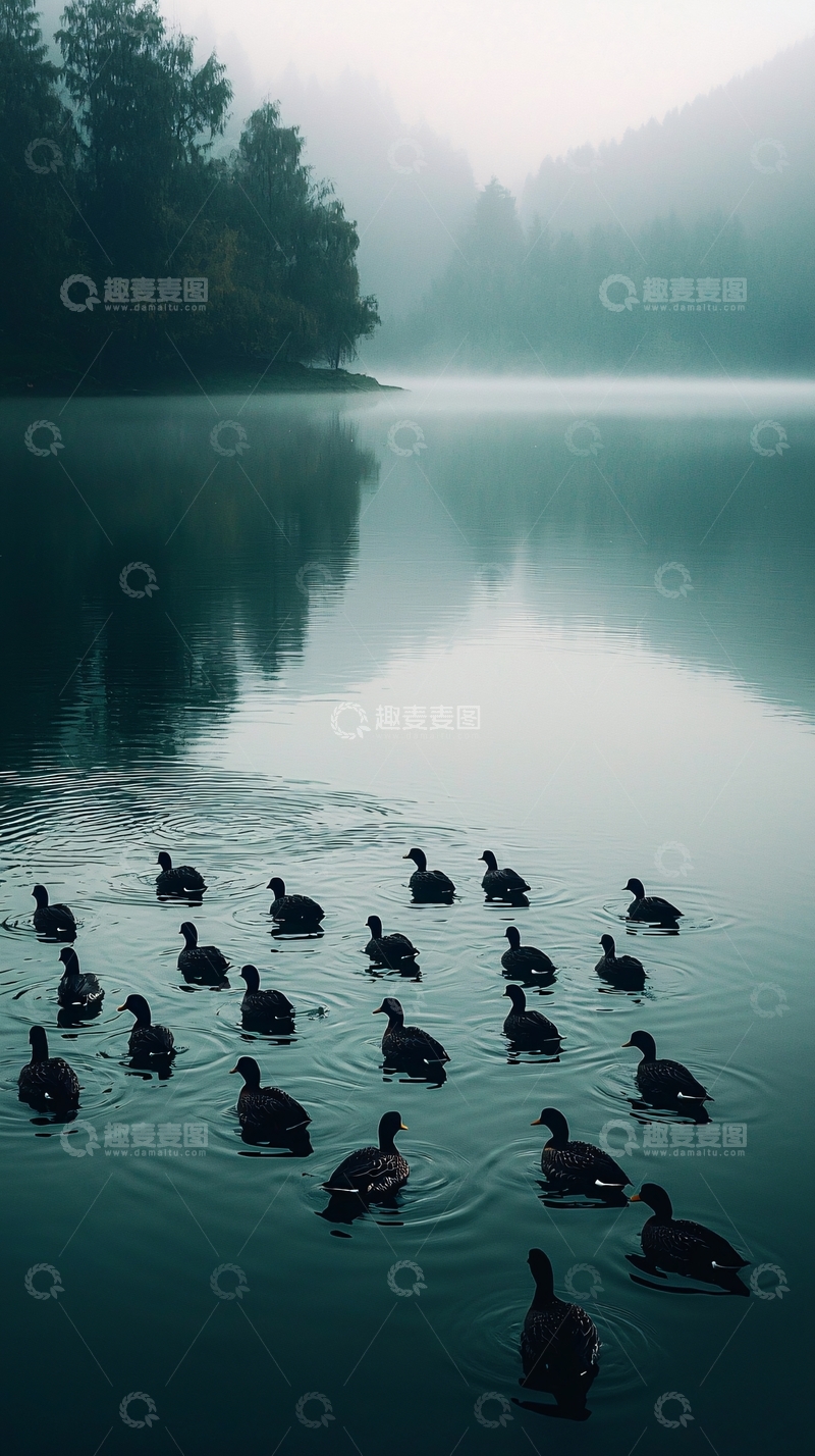 高清大图下载【趣麦麦图】雾气弥漫的湖面野鸭