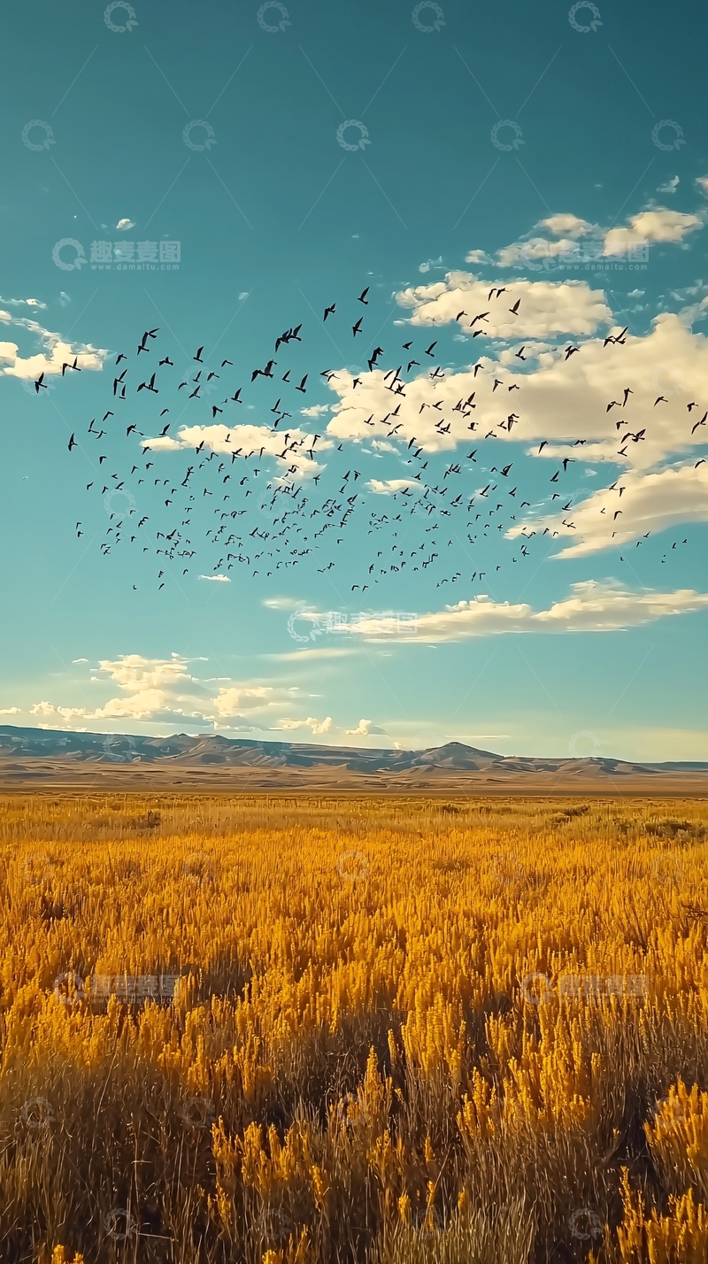 高清大图下载【趣麦麦图】大雁飞过金黄的秋日田野