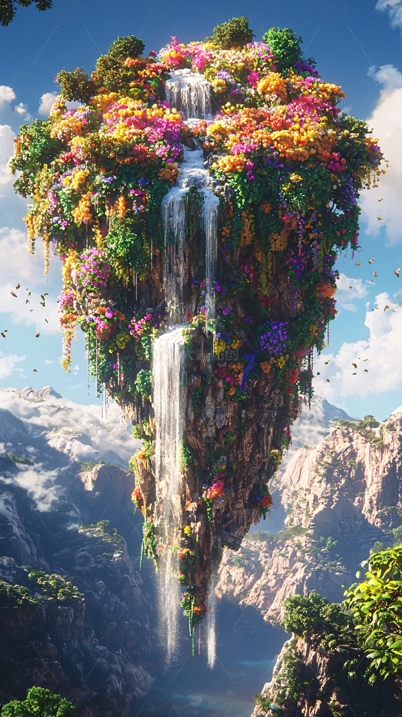 悬浮岛屿瀑布鲜花