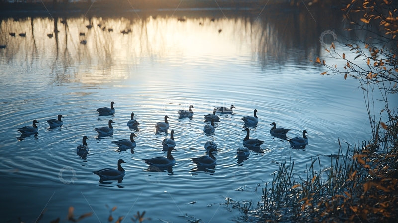 高清大图下载【趣麦麦图】清晨湖面雁群倒影