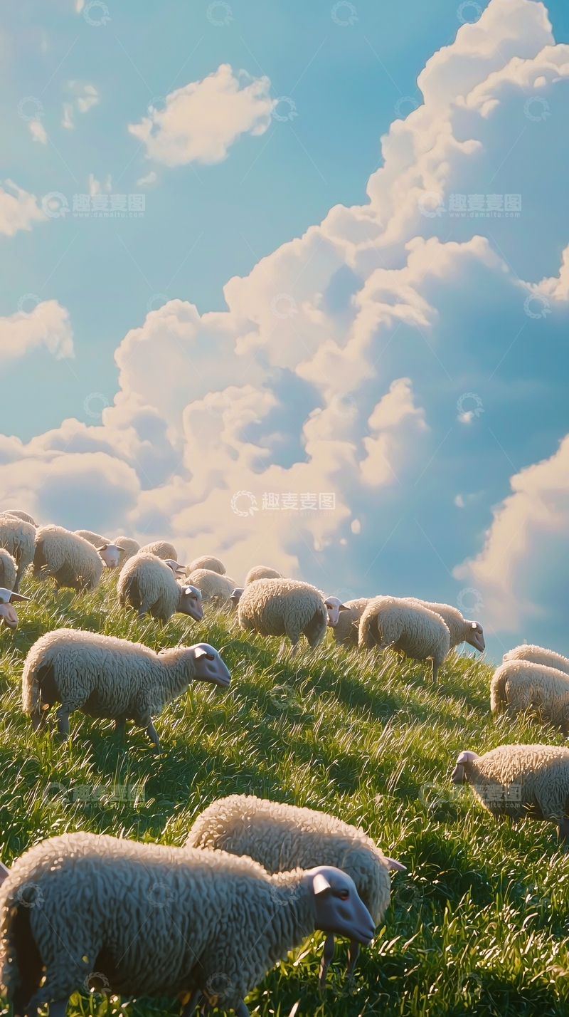 高清大图下载【趣麦麦图】绵羊群在绿草地上吃草