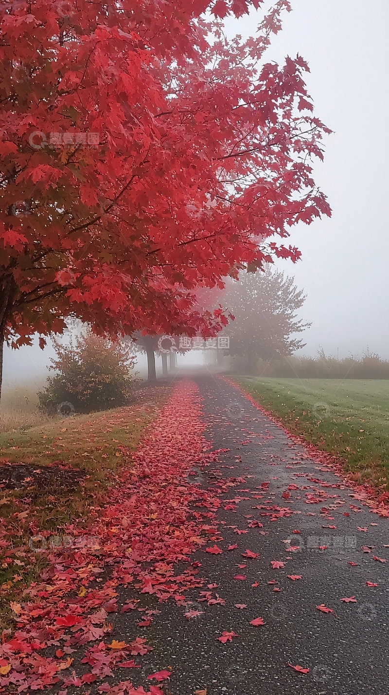 高清大图下载【趣麦麦图】红枫叶小路雾中景色
