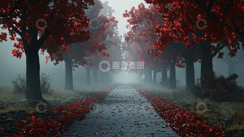高清大图下载【趣麦麦图】雾中红叶林荫道
