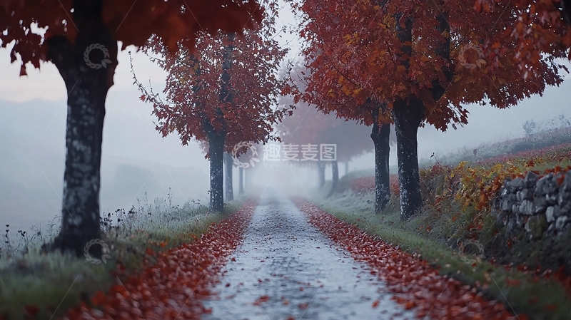 高清大图下载【趣麦麦图】秋日雾中红叶小路