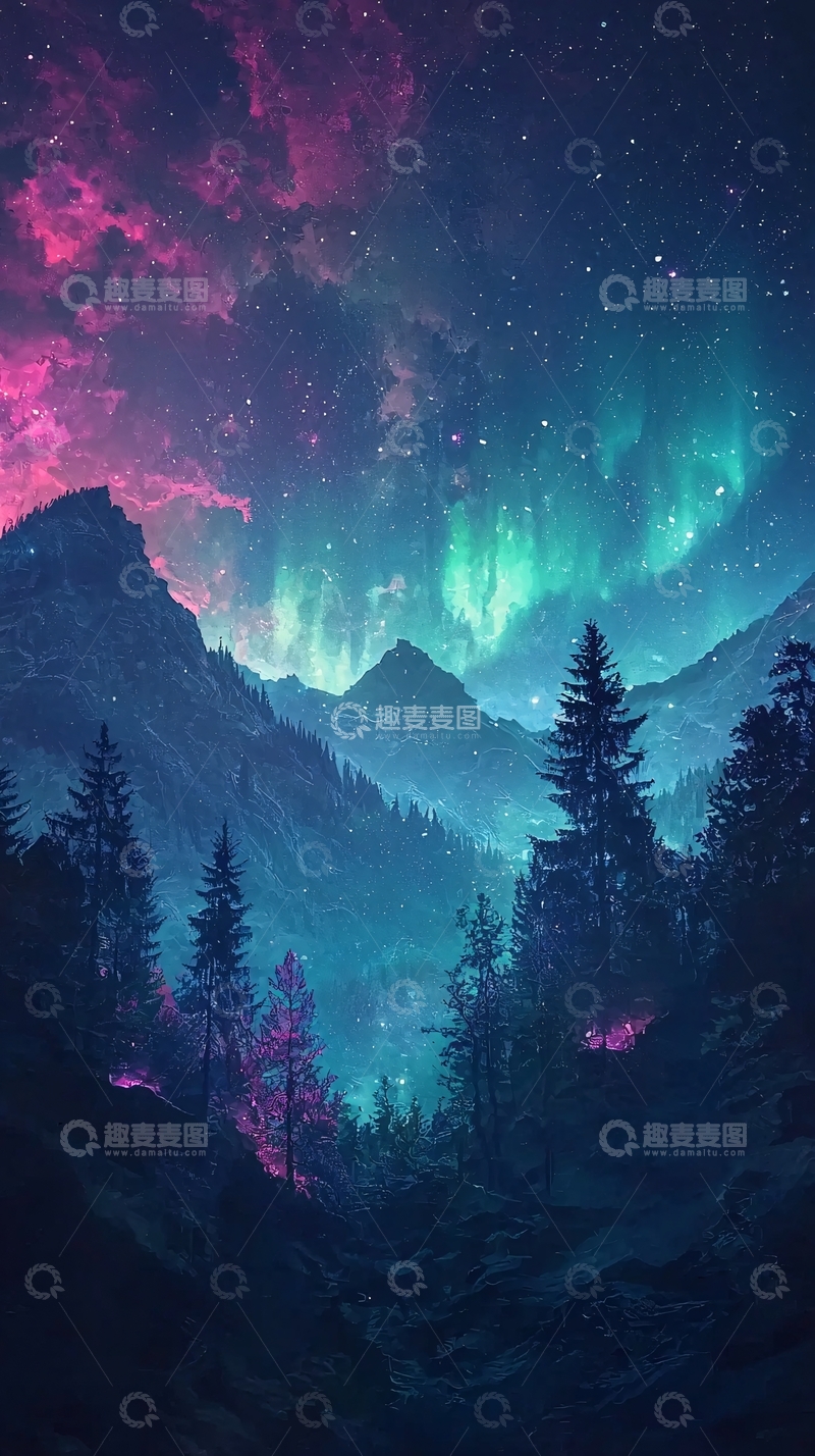 高清大图下载【趣麦麦图】极光山脉梦幻夜景
