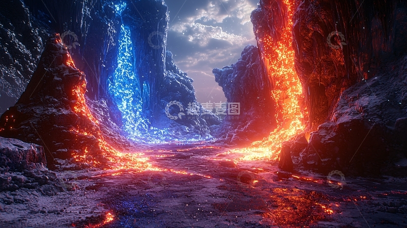 高清大图下载【趣麦麦图】蓝红交融的熔岩山谷