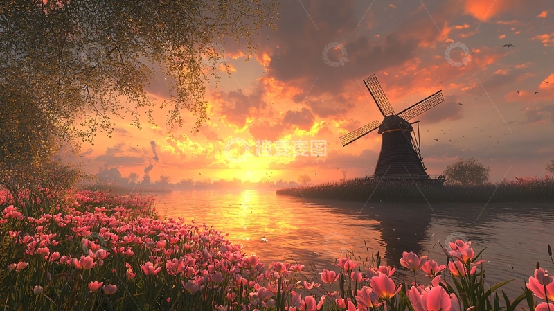 高清大图下载【趣麦麦图】风车夕阳下的花田美景