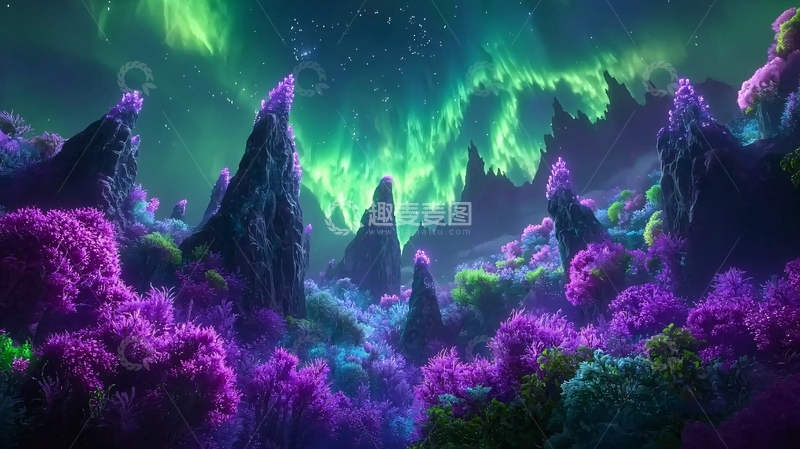 高清大图下载【趣麦麦图】极光下的梦幻山脉