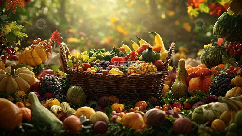 高清大图下载【趣麦麦图】秋收丰收的水果蔬菜篮