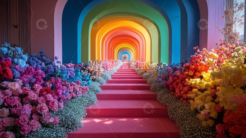 高清大图下载【趣麦麦图】鲜花拱门下的彩虹通道