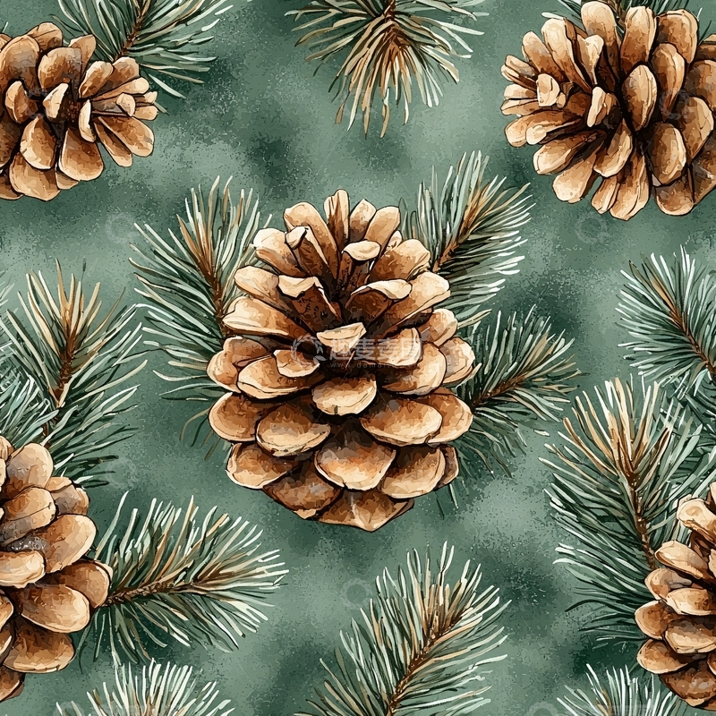 高清大图下载【趣麦麦图】松果和松枝的重复图案