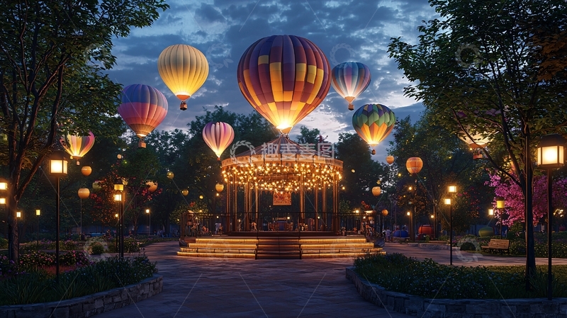高清大图下载【趣麦麦图】夜晚热气球旋转木马