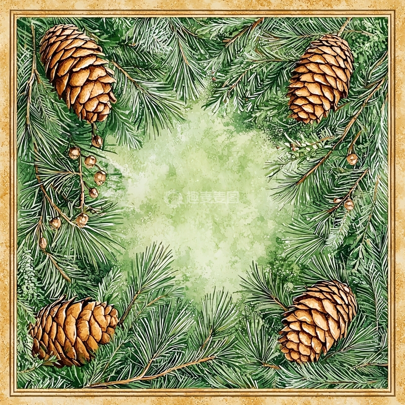 高清大图下载【趣麦麦图】松果绿叶的边框背景
