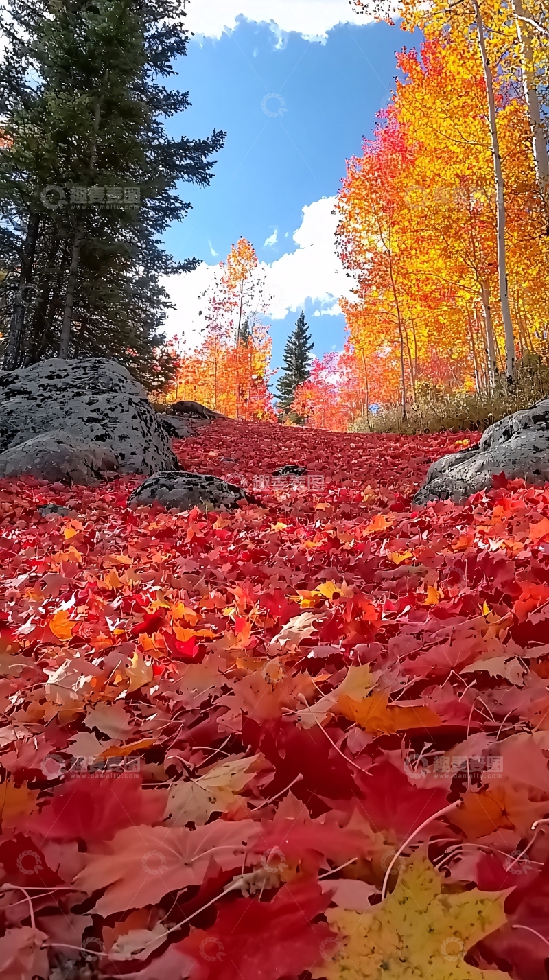 高清大图下载【趣麦麦图】秋日落叶铺满山路