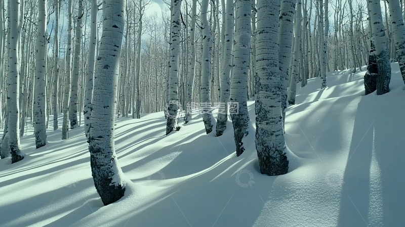 高清大图下载【趣麦麦图】阳光下的白桦林雪景