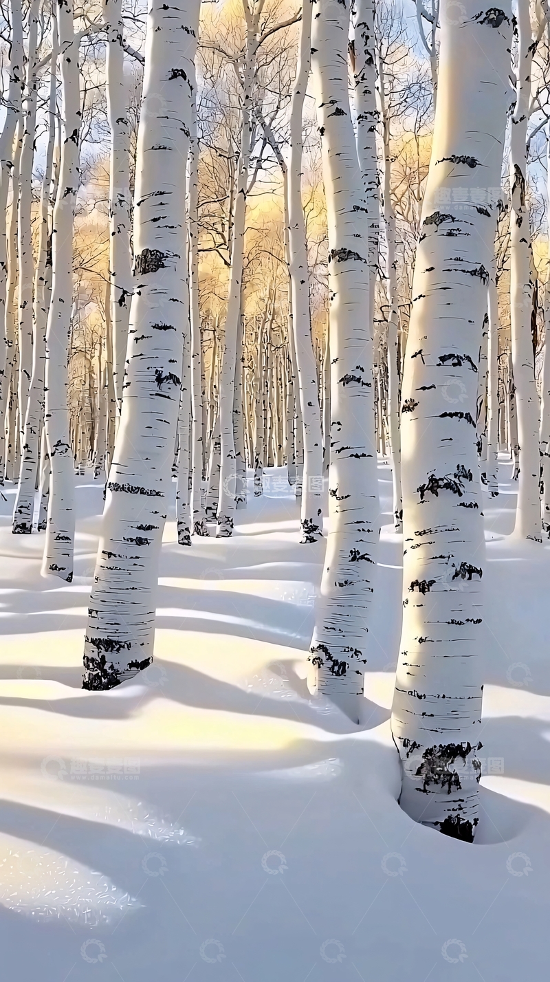 高清大图下载【趣麦麦图】冬日白桦林雪景