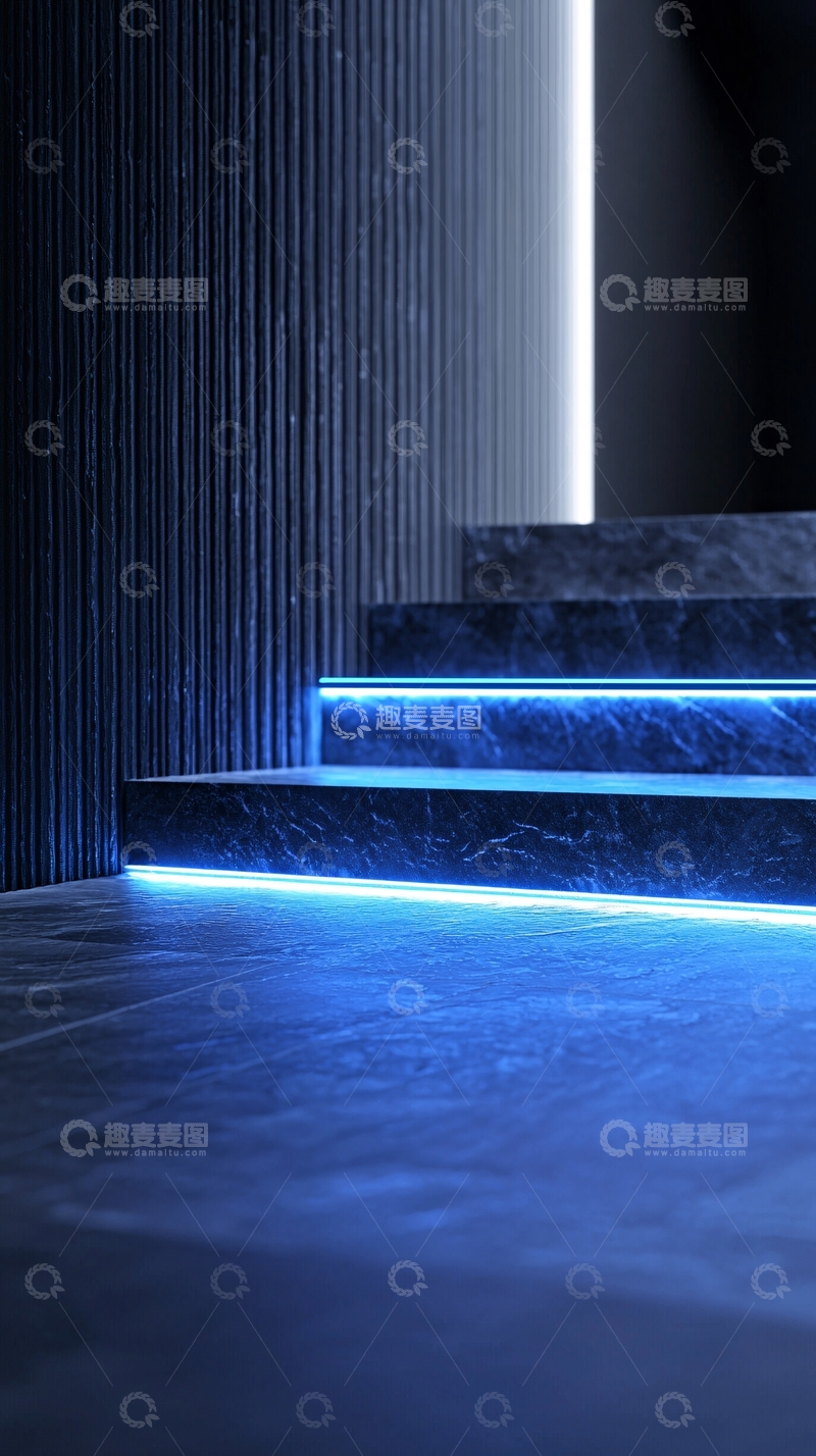高清大图下载【趣麦麦图】蓝色霓虹灯下的石阶