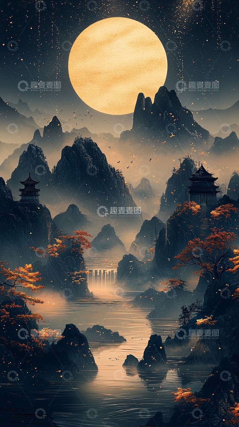 高清大图下载【趣麦麦图】中式山水夜景月亮
