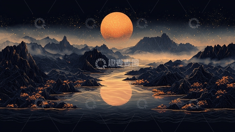 高清大图下载【趣麦麦图】水面倒影着月亮的壮丽山河图