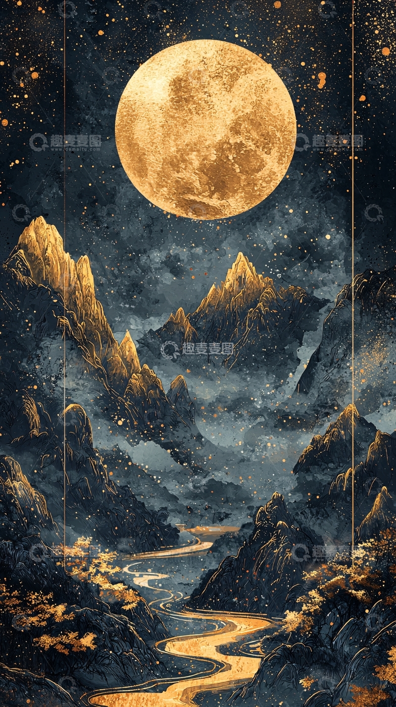 高清大图下载【趣麦麦图】金色月亮下的山水风景