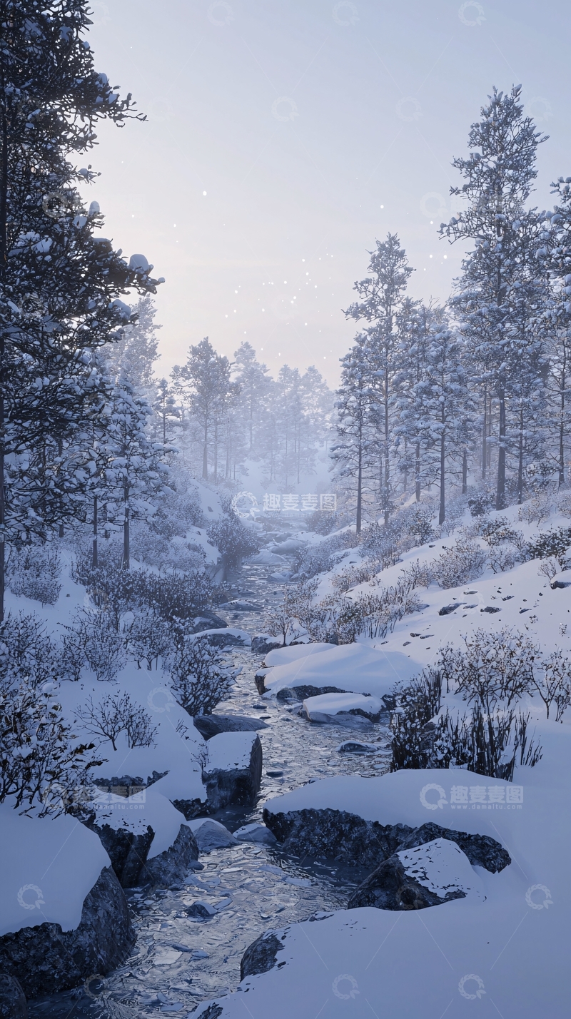 高清大图下载【趣麦麦图】冬日雪景溪流森林