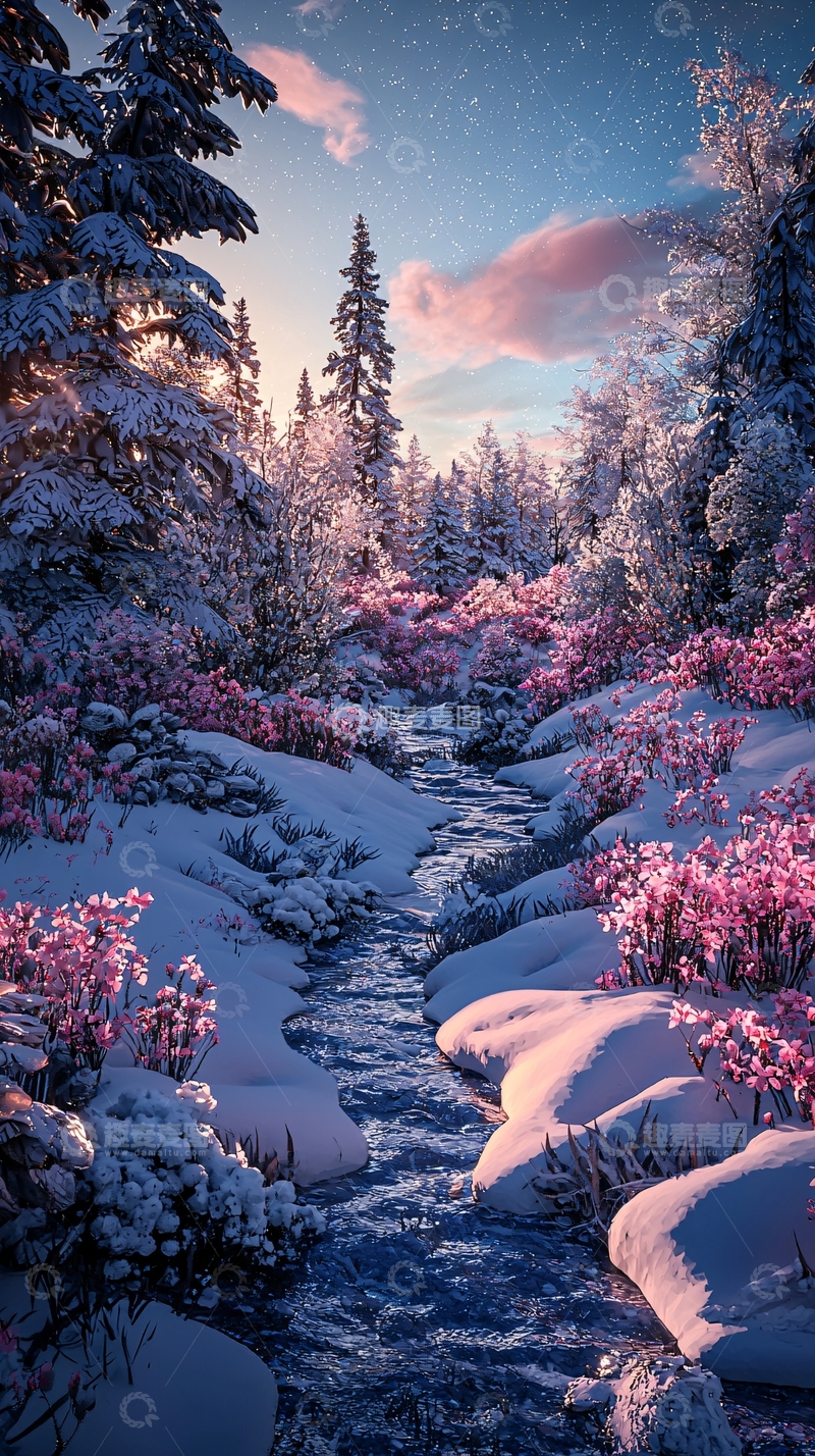 高清大图下载【趣麦麦图】雪地小溪粉色灌木