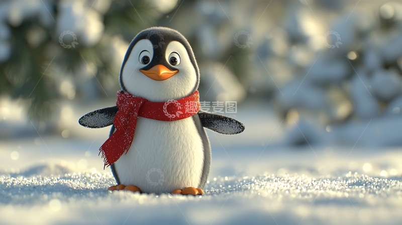 高清大图下载【趣麦麦图】戴红围巾的可爱企鹅